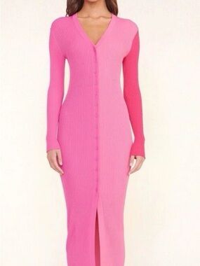 STAUD Shoko Pink Quartz ribbed-knit midi dress Sz XS